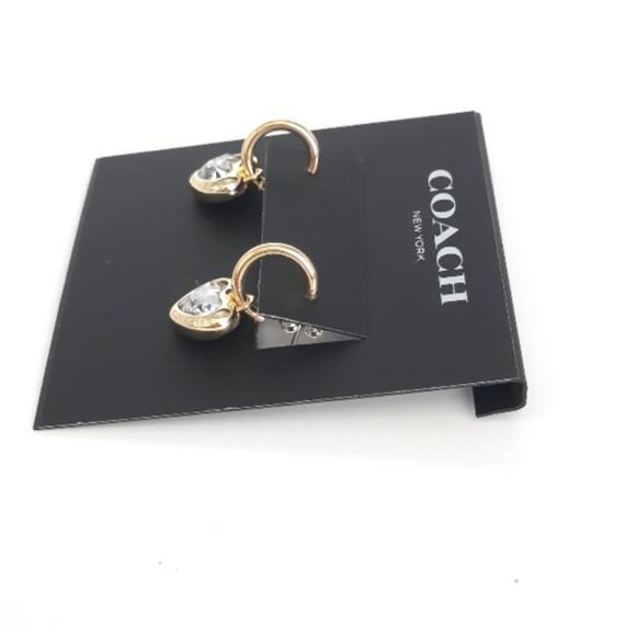 Coach Signed Gold Tone Huggie Hoop Post Earrings Clear Crystal Heart Dangle NWT - Picture 3 of 6